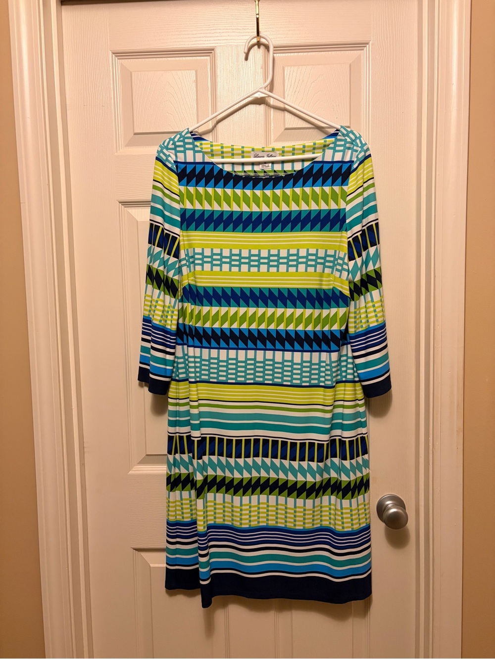 Striped Geometric Long-Sleeve Dress in Blue & Green
